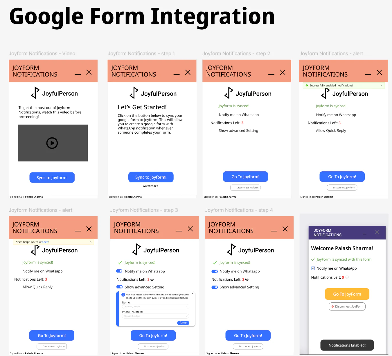 An overview of the Google Forms integration’s notification panel — sync steps, connected and disconnected states, advanced field mapping and success alerts.